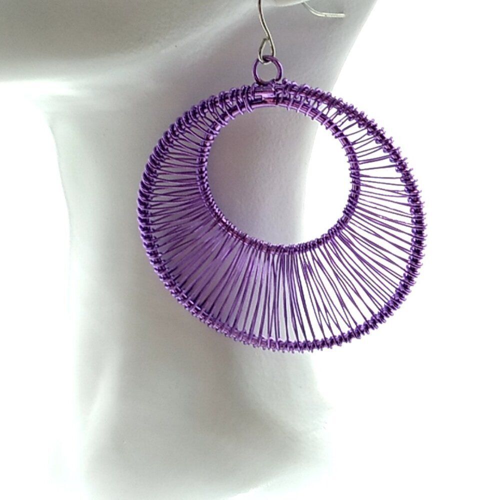 Purple Wrapped String Art Open Circle Drop Earrings